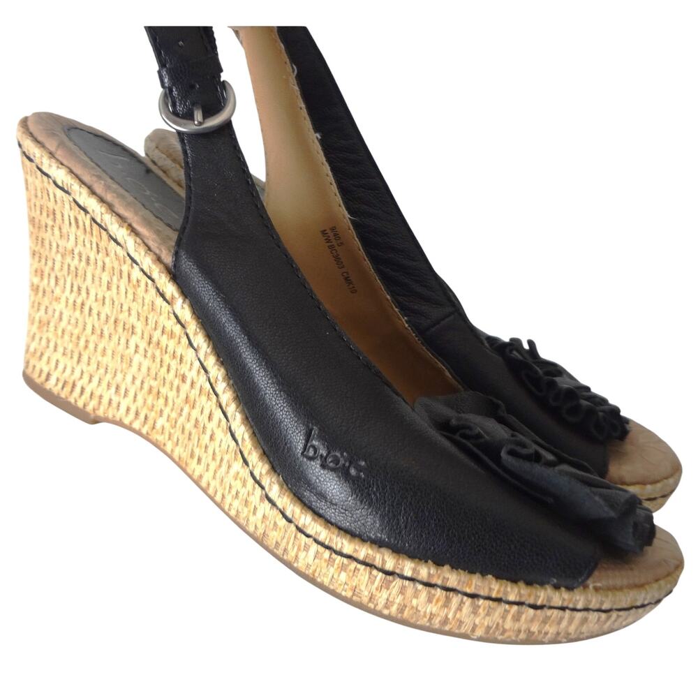 B.O.C Born Black Leather Slingback Wedge Espadrille Flower Open Toe 40.5 9